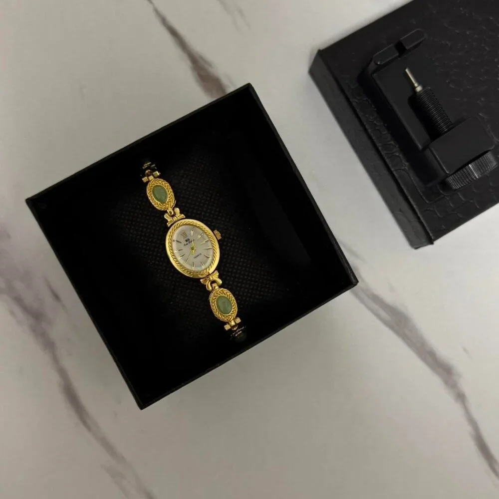 SKU:0018 gold mini watch bracelet with green natural stone inserts vintage style